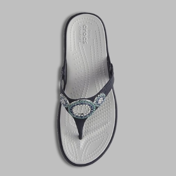Crocs Sanrah Diamante Wedge Flip Sandals Deep Heel Cups Silver/Navy Women’s 10W - Picture 2 of 7